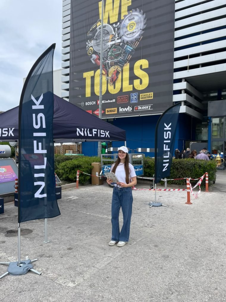 An outdoor Nilfisk product demonstration.